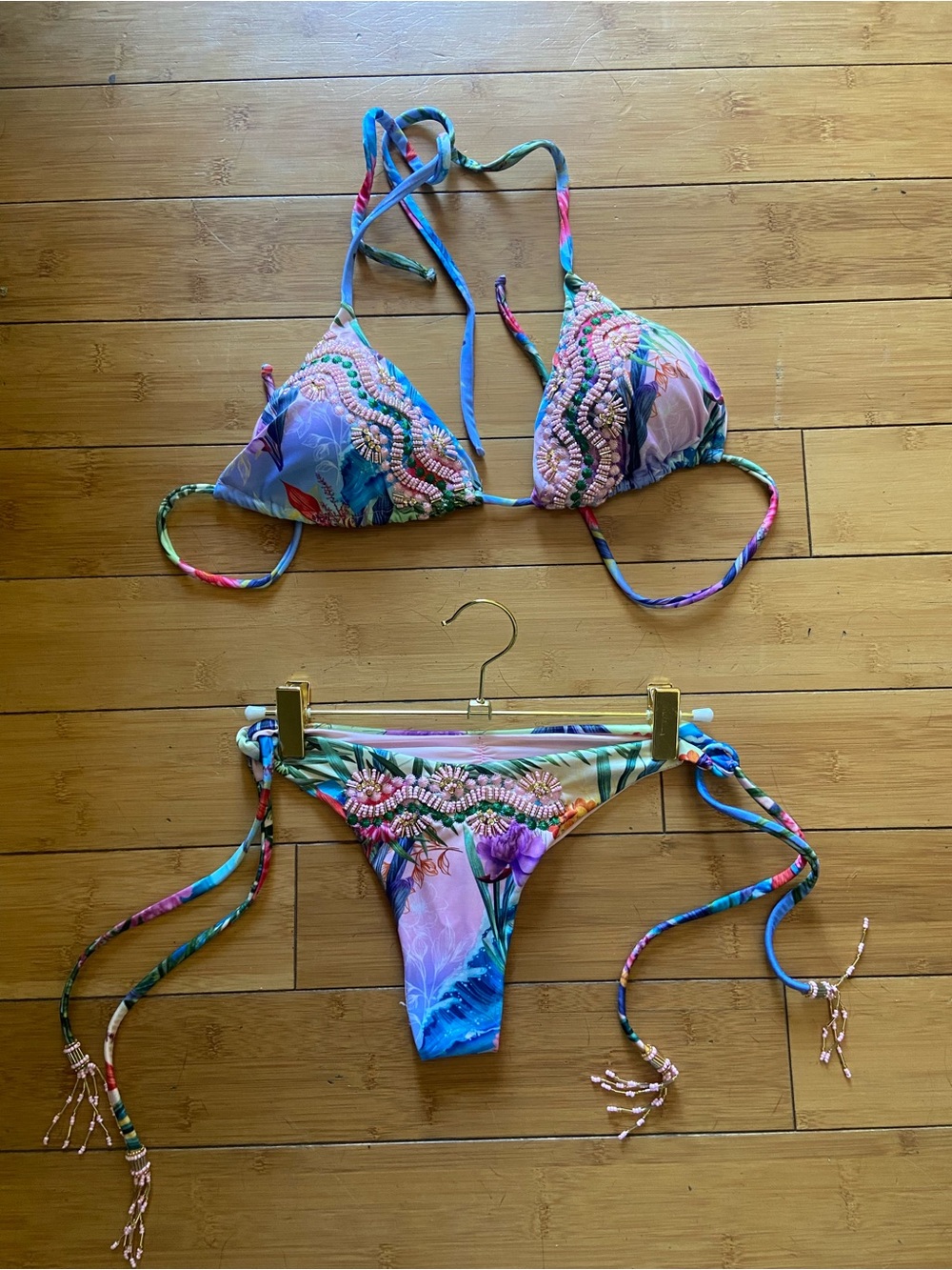 Colombian Beaded Swim  Embellished Floral Tie-Side Bikini Set - Multicolor